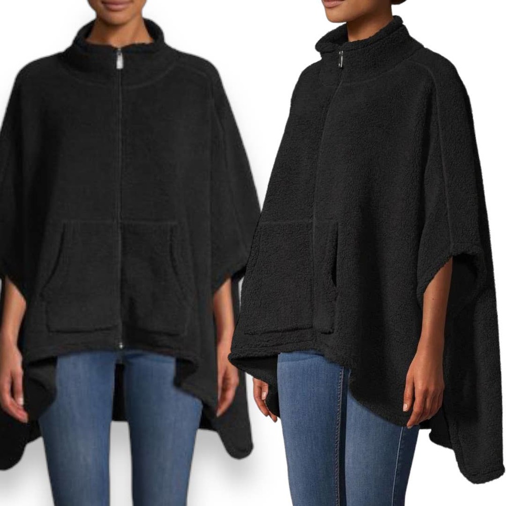 Calvin Klein NWT Black Super Soft Faux Fur Fleece Full Zip Poncho Sweater OS